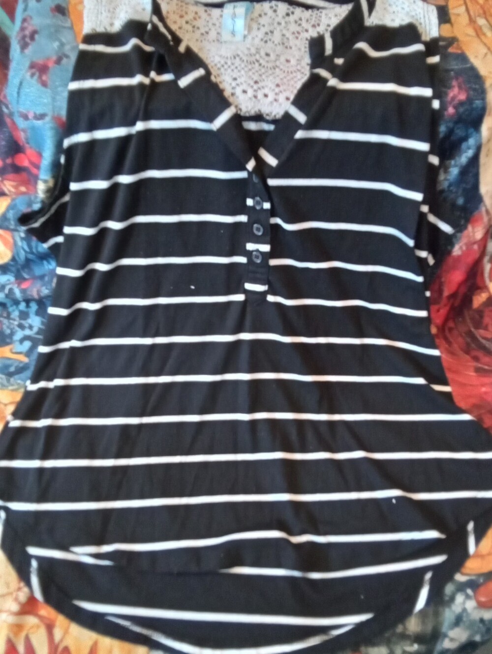 #676 Black & White Striped Lace-Detail Henley Top